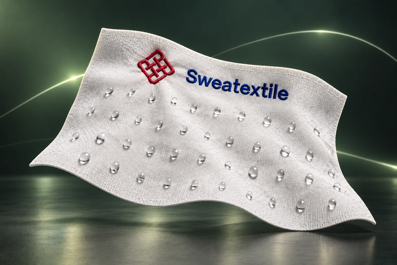 Sweatextile fabric and water droplets in a green studio presentation